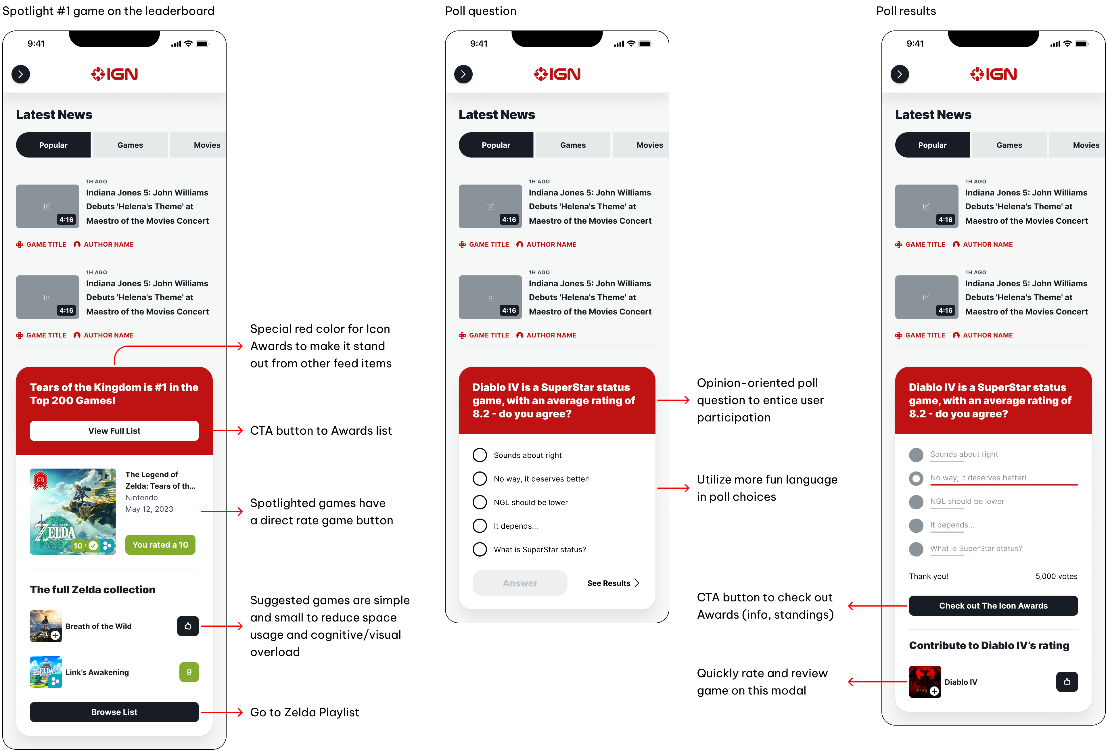 Examples of inline modals on the Home feed, such as the top game on the leaderboard, poll question, and poll results.