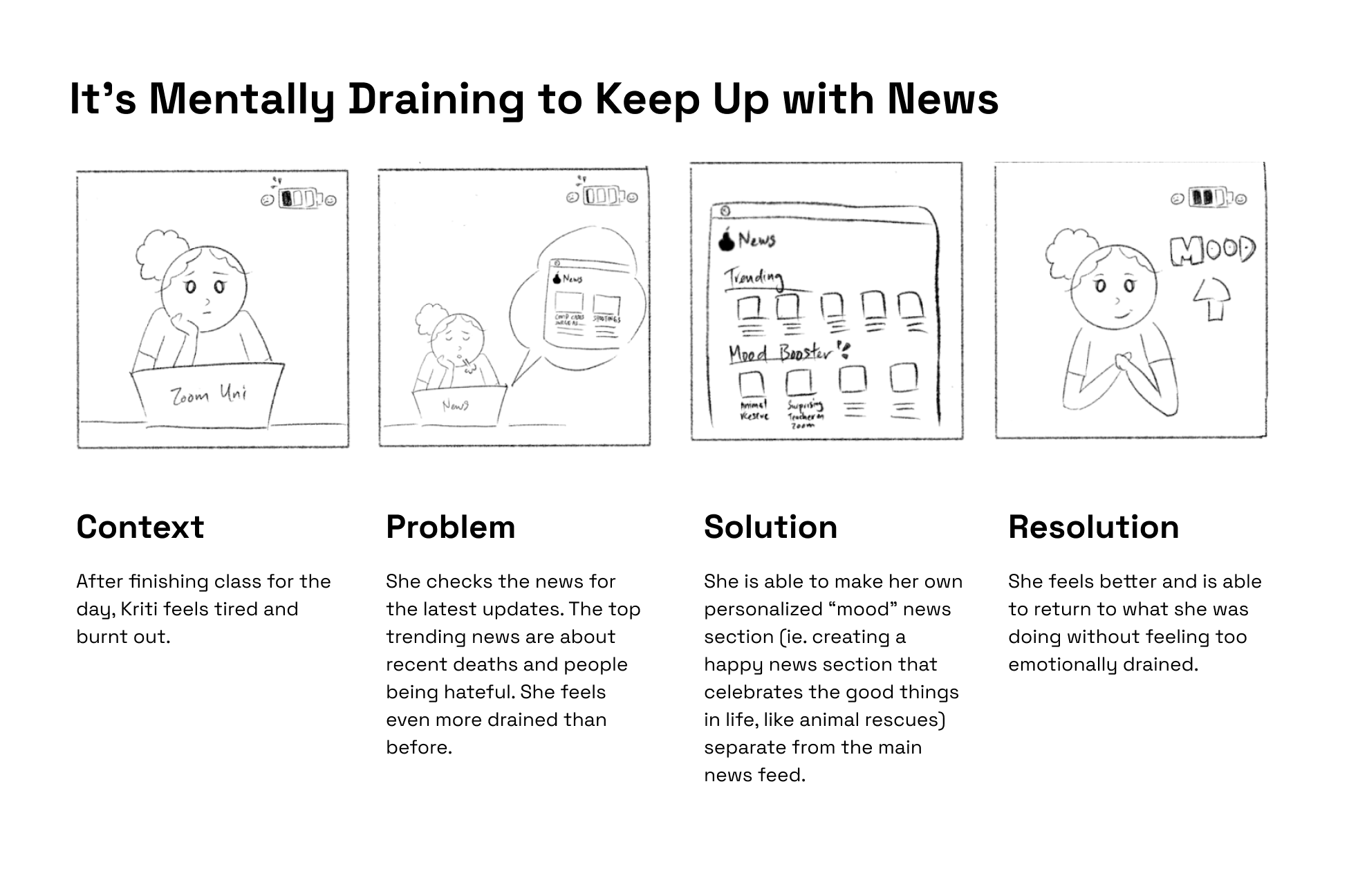 Storyboard of using a mood-booster news section