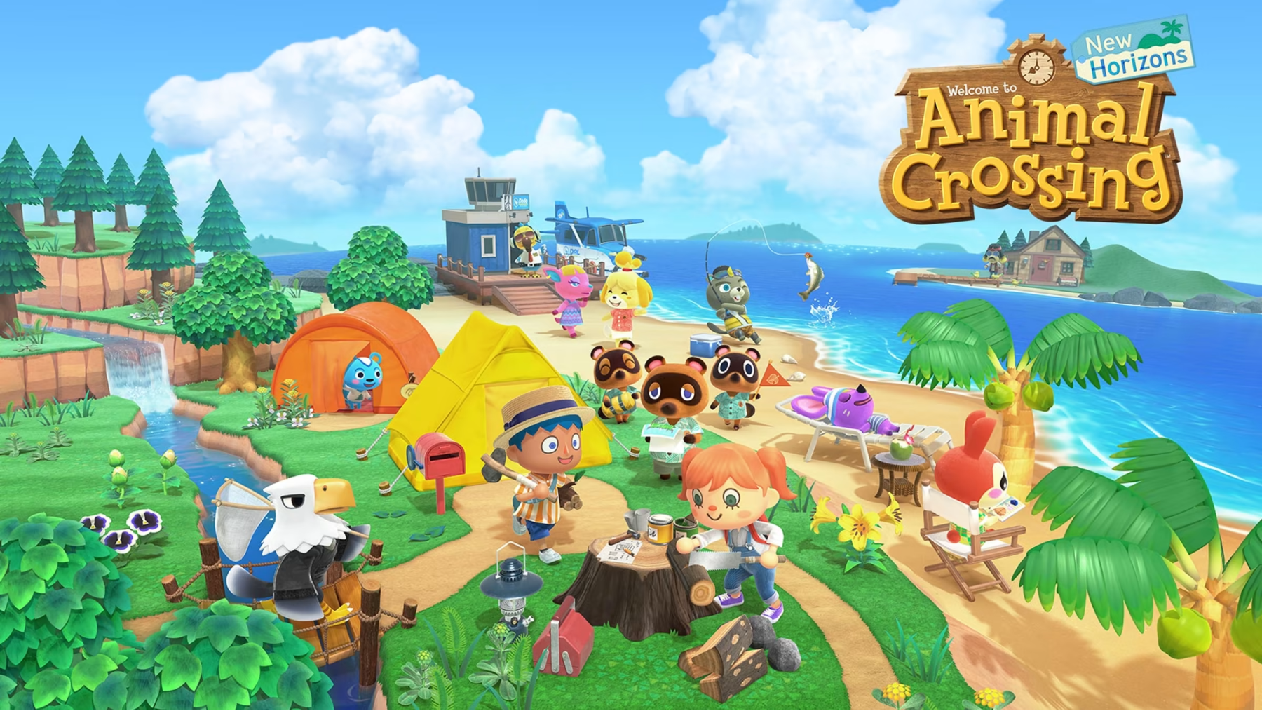 Poster of the Animal Crossing New Horizons video game. Characters are hanging around on a grassy campsite along the beach, with the ocean in the back.